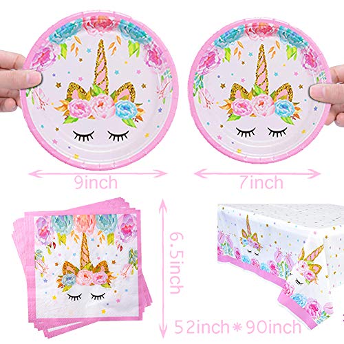 YANGTE Unicorn Tableware Paper Plates Napkins and Tablecloths, Unicorn Themed Birthday Party Supplies for Girls Kids Baby Shower Serve 16 Guests