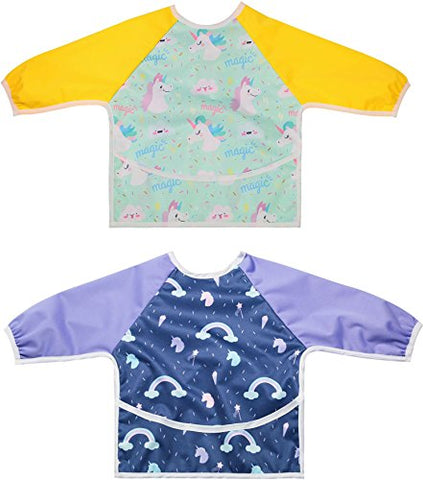 Unicorn & Rainbow Long Sleeved Bib Waterproof Bibs with Pocket | Baby and Toddler | 6 to 24 Months 