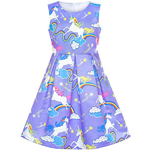 Girls Unicorn & Rainbow Dress | Purple | Pleated Skirt | Girls | Various Sizes