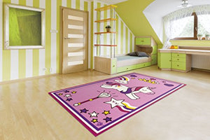 Fun pink unicorn rug featuring stars rainbows clouds and crowns! Perfect for kids playroom or bedroom