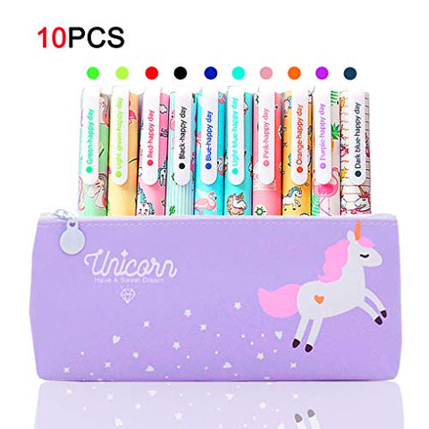 Back To School | 10 Pcs Unicorn Pens with Pencil Case | Purple