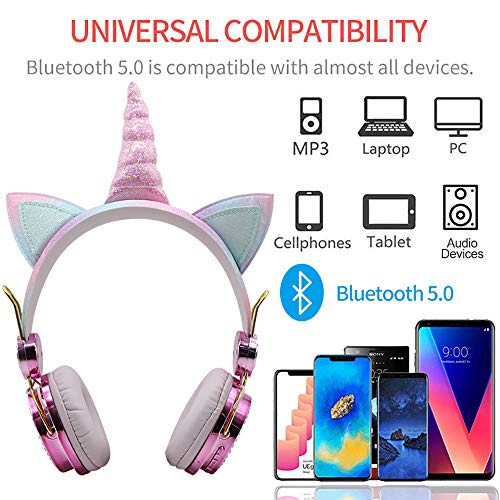 Kids Unicorn Headphones | Wireless | Bluetooth | Pink Rainbow Glittery