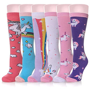 Girls Knee High Socks | Unicorn Design | 6 Pairs | Multicoloured 