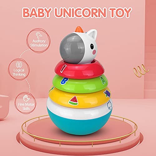 Eatsun Baby Stacking Toys, Unicorn Roly Poly Tumbler with Rattle & Shape Sorter, Rainbow Ring Stacker Toy for Boys & Girls