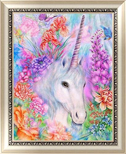 DIY 5D Diamond Painting by Number Kit, Full Drill White Unicorn Embroidery Cross Stitch Arts Craft Canvas Wall Decor