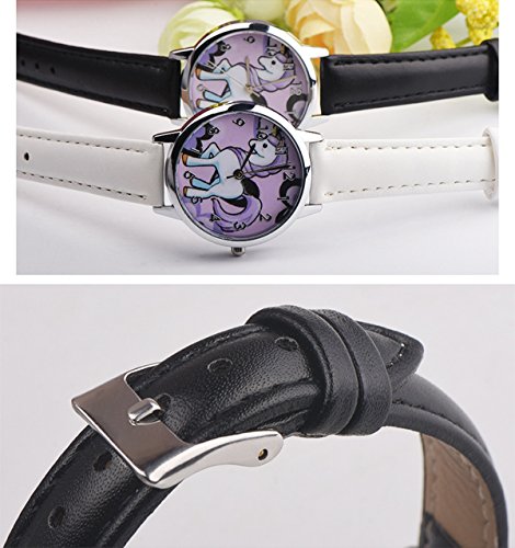 Cute Simple Purple Unicorn Arabic Numerals Leather Strap Quartz Women Girl Children Wristwatch, Black