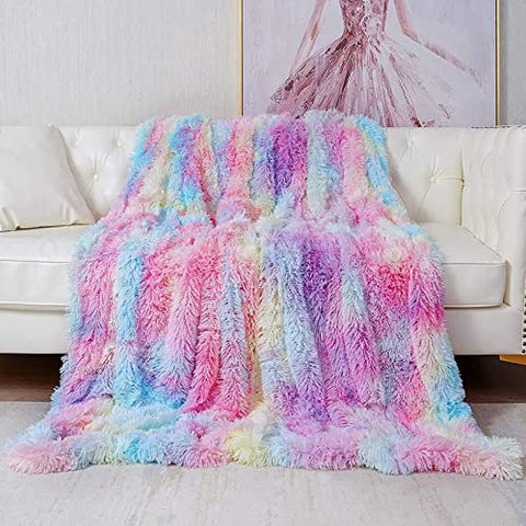 Unicorn Fluffy Fleece Rainbow Blanket | Throw | 130x160cm | Faux Fur 