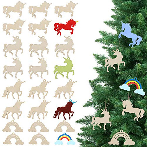 Unfinished Xmas Wooden Unicorn Slices and Rainbow Shapes (24 Pack) | DIY To Decorate