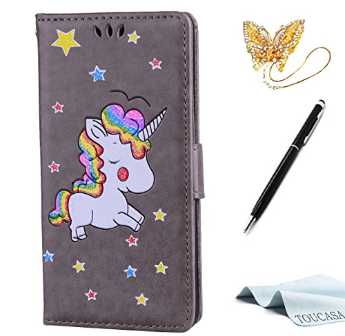 TOUCASA iPhone X case, PU Leather Wallet with Oil Painting Surface Colorful Bling Unicorn for iPhone X-Gray