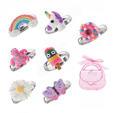 Colourful Cute Unicorn, Butterfly, Rainbow Rings for Kids | Set of 7