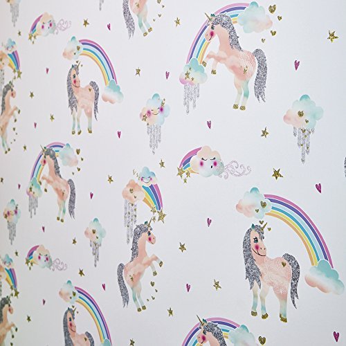 Arthouse Rainbow Unicorn Pattern Childrens Wallpaper Glitter Pony Heart Motif (White 696109)