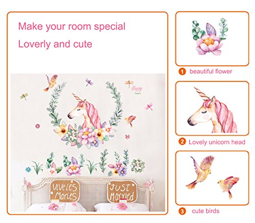 Cute Pink Lovely Unicorn with flower Wall Sticker for Room Decor