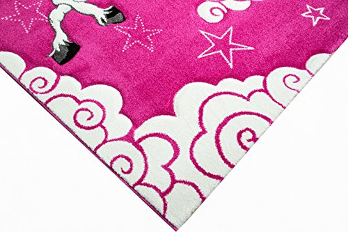 Girls pink unicorn themed rug for bedroom, would look perfect in a playroom or nursery. Unicorns clouds and stars! Anti-Slip