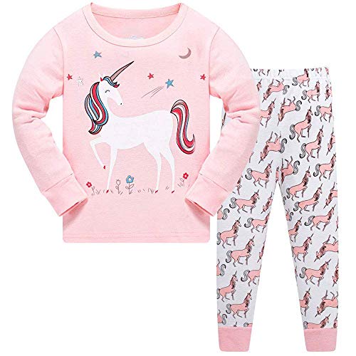 Girls Pyjamas Set Summer Toddler Clothes 100% Cotton Sleepwear Animal Printed Pink Nightwear Long Short Sleeve PJs 2 Piece Outfit for Kids Age 1-8 Years (08 Unicorn, 1-2 Years)