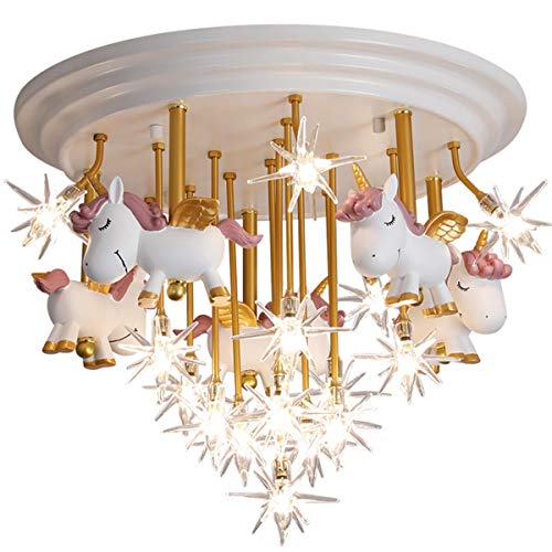 Unicorn Chandelier LED Ceiling Light, Creative Children's Room- White, Gold, Pink, Stars