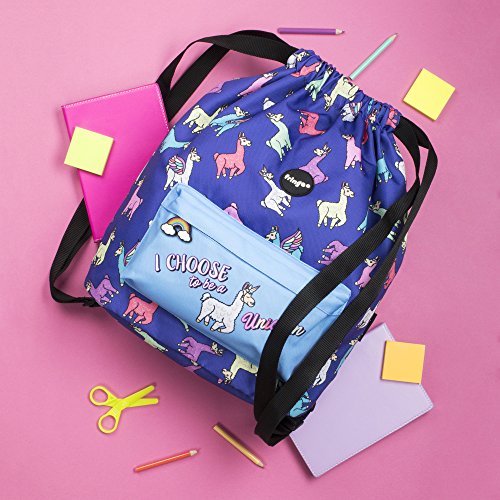 FRINGOO® Kids Drawstring Bag Large School Backpack PE Kit Bag Zipped Front Pocket (Lamacorn - Drawstring Backpack)