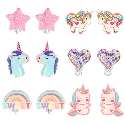 Cute Unicorn Clip On Earrings for Girls | Jewellery 6 Pairs