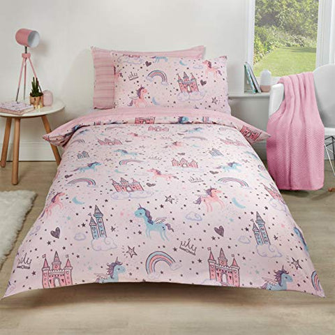 Pretty Unicorn Magical Fairy Castle Kingdom Duvet Cover | Reversible Bedding Set | Double 