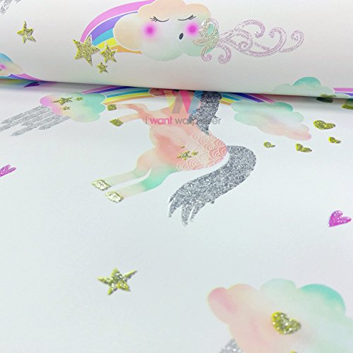Arthouse Rainbow Unicorn Pattern Childrens Wallpaper Glitter Pony Heart Motif (White 696109)
