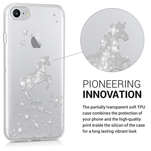 kwmobile TPU Case Compatible with Apple iPhone 7/8 / SE (2020) - Soft Crystal Clear IMD Design Back Phone Cover - Unicorn Silver/Transparent