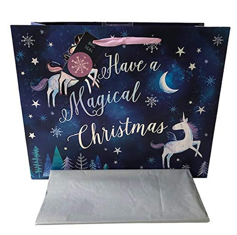 Unicorn Christmas Gift Bag | Inc. 5 Sheets of Silver Tissue Paper | Unicorn Gift Tag & Snowflake Bag Seal Included.