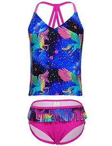 Unicorn Tankini Set Tassel Two Piece Swimsuit, Blue