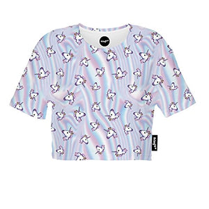 Fringoo Girls Women’s Cropped baggy oversize T-shirt Festival Summer Crop Top Party Fashion Jersey Emoji (One Size (UK 8/10/12/14), Holo Unicorn Multi - Tee)