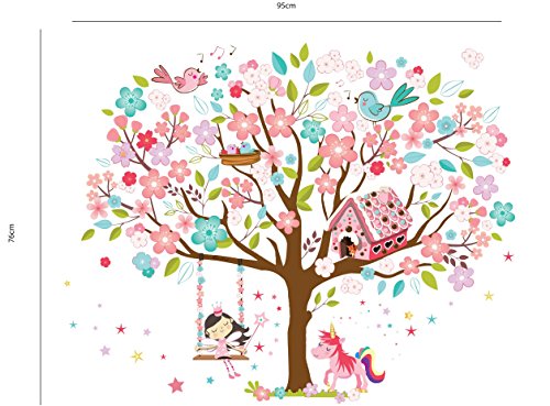 Kath & Cath Rainbow Unicorn, Pink Fairy, Gingerbread House, Singing Birds and Cherry Blossoms Tree Wall Stickers -Kids Girls Room Vinyl Removable Self-Adhesive Multi-colour Wall Mural Art Home Decoration
