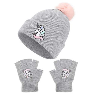 Winter Beanie Hat & Gloves Set | Unicorn | Grey | Kids 