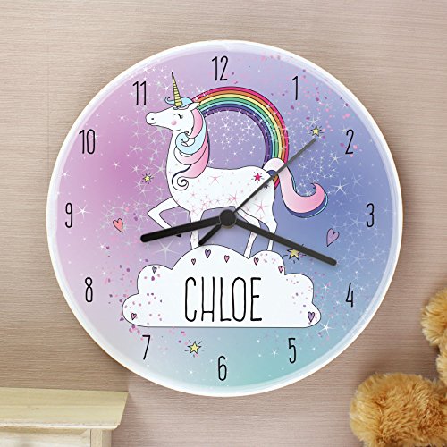 Personalised name unicorn wall clock. Pink, purple, cloud, rainbow. Pretty unicorn
