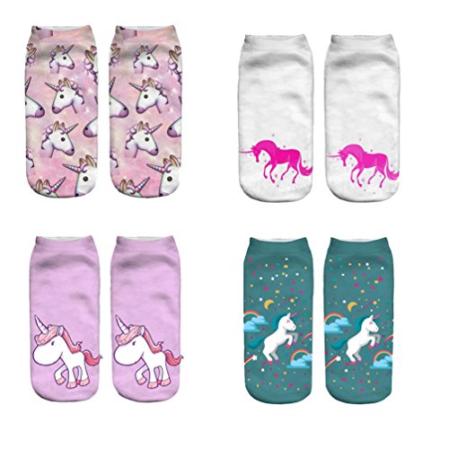 4 Pairs Women Girls Cartoon Unicorn Socks Art Painting Sports Ankle Sock