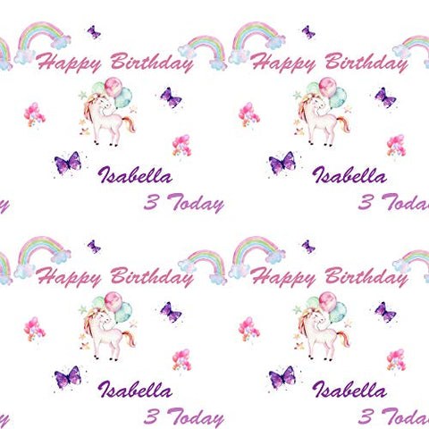 Unicorn Rainbow & Balloons Personalised Birthday Gift Wrap with 2 Tags