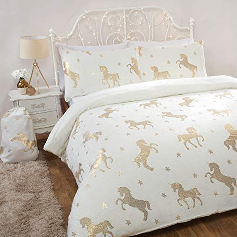 Ivory & Gold Unicorn Stars Reversible Soft Duvet Cover | Bedding Set With Pillowcase | Single 