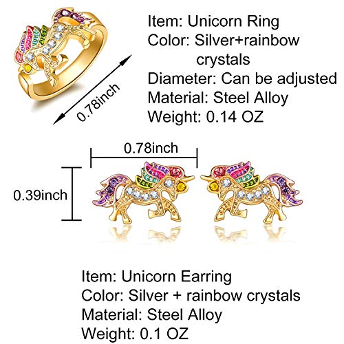 4 Pack Gold Unicorn Jewellery Set, Include Rainbow Rhinestone Crystal Necklace, Bracelet, Earring, Ring and Gift Box for Girls