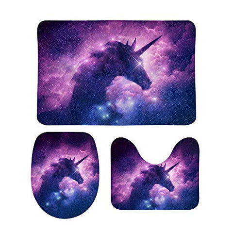 3 Piece Galaxy Unicorn Non-Slip Contour Mat + Toilet Lid Cover + Bath Mat | Purple 
