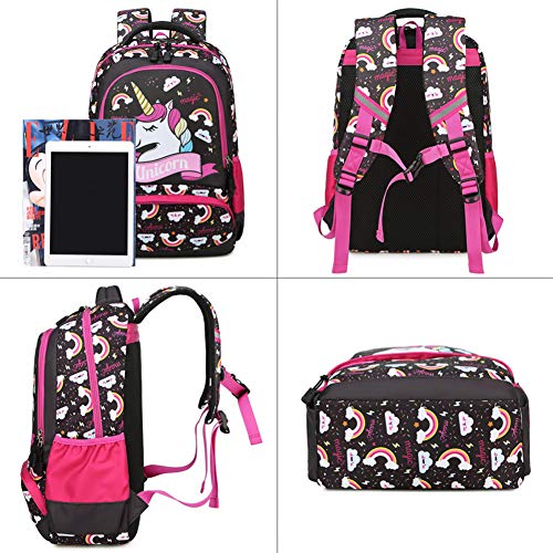 Black and Pink Unicorn Rucksack for Girls, Water Resistant School Backpack Teen Girls Back to Schoolbag Set with Lunch Bag Pencil Case