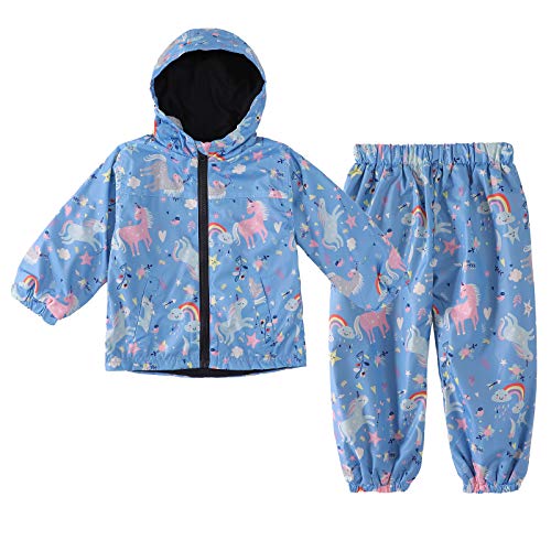 Girls Waterproof Raincoat & Trouser Set | Unicorn Design | Blue | 2 Pcs