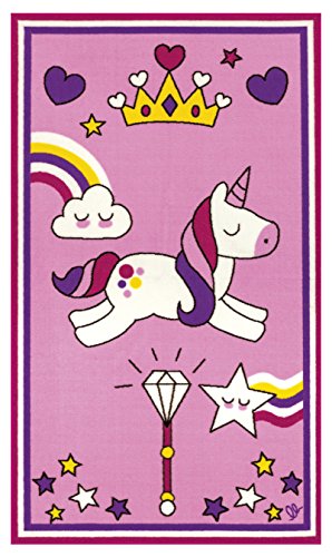 Fun pink unicorn rug featuring stars rainbows clouds. Perfect for kids playroom or bedroom