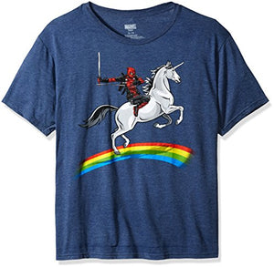 Marvel Unisex-Adult Men's | Deadpool Riding A Unicorn On Rainbow | T-Shirt 