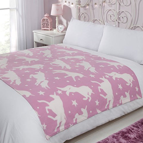 Unicorn & Stars Fleece Blanket | Throw | 120 x 150 cm | Pink & White 