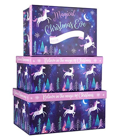 Set Of 3 Unicorn Christmas Eve Gift Boxes - Purple