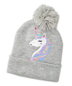 Girls Unicorn Bobble Hat With Sequins - Grey