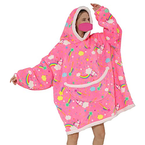 Oversized Hoodie Blanket | Fluffy Fleece | Unicorns, Rainbows & Stars | Pink, Multi-Coloured