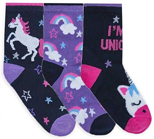 3 Pairs Of Unicorn Socks For Girls | Black & Purple