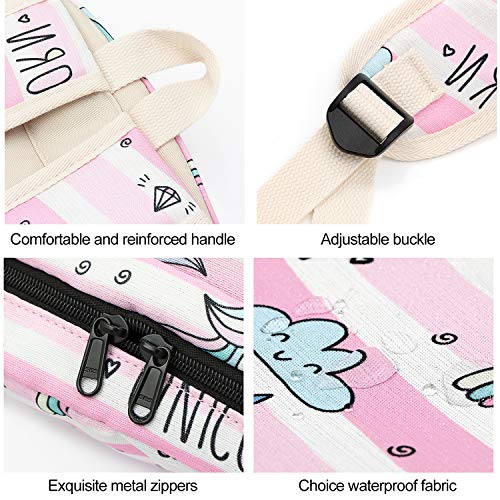 Cute Pink Unicorn School Backpack and Lunch Bag Pencil Case Set for Kids- Pink and White Stripe