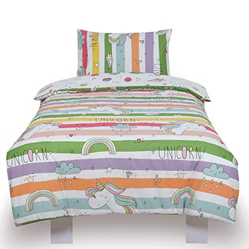 Stripy Unicorn Themed Double Bedding Duvet Cover Set For Kids