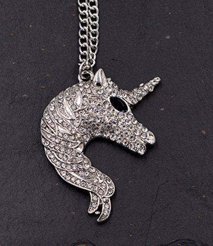 Silver Tone Chunky Unicorn Design Pedant Long Necklace (Organza Gift Pouch Included)
