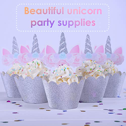 Unicorn Cupcake Cases Lilac Silver Set – 24 pcs Magical Unicorn Birthday Cupcake Decorations Kit – Silver Glittery Unicorn Horn