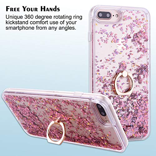 Feyten iPhone 8 Plus/iPhone 7 Plus Case with Tempered Glass Screen Protector [2 pack], Sparkly Glitter Bling Flowing Liquid Floating Case Cover with Kickstand for iPhone 8/7 Plus 5.5" (Rose Gold)