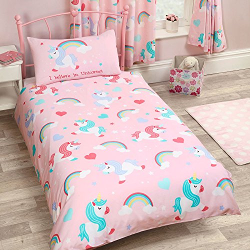 Pink Toddler Junior Unicorn & Rainbow Duvet Cover 